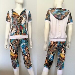 NWT WOMEN SET HOODED JACKET/CAPRI SHORT SLEEVES LIGHTWEIGHT LOUNGEWEAR TRACKSUIT